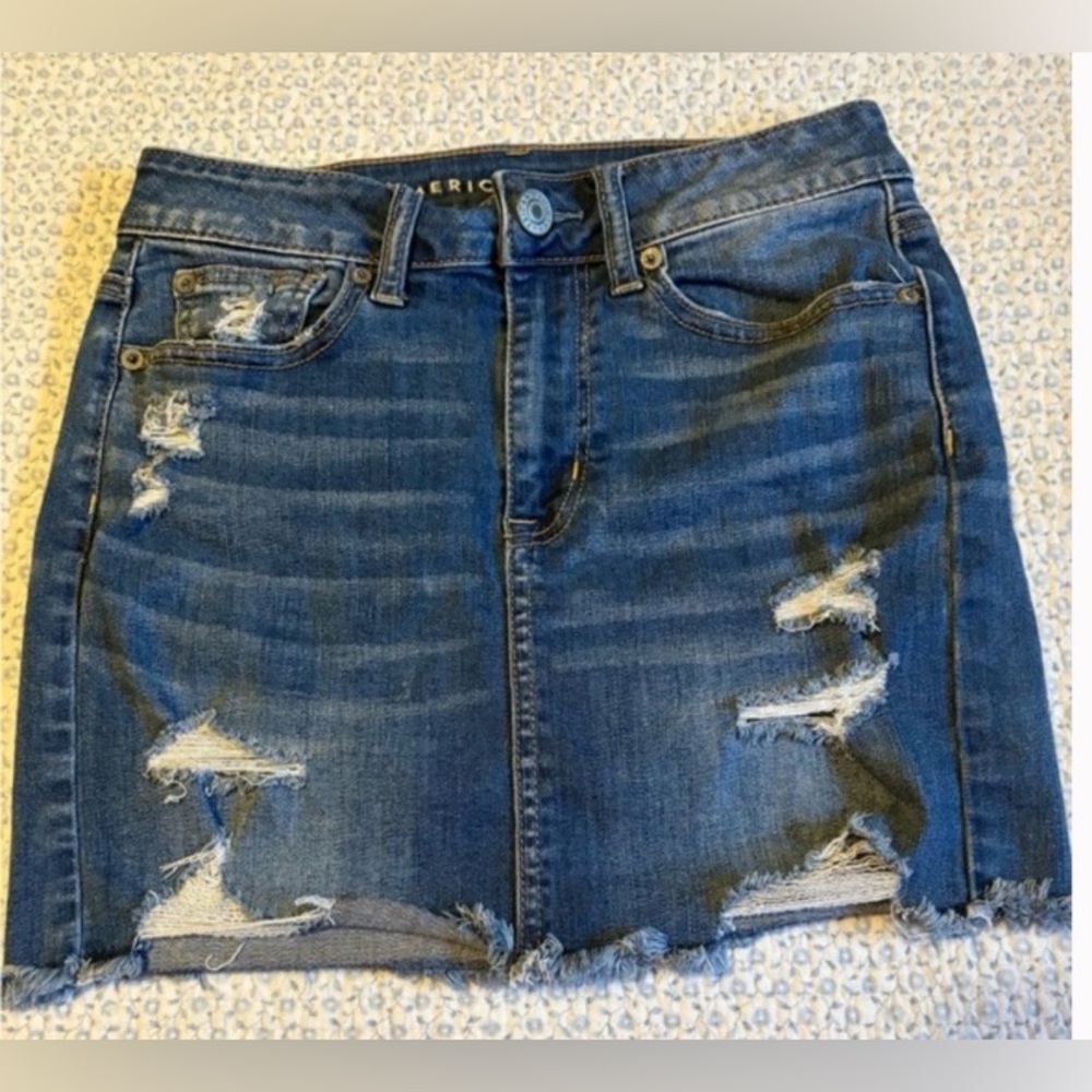 Distressed Blue Denim Mini Skirt